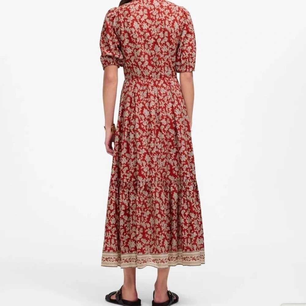 Madewell Red Paisley Floral Button Front Puff Sleeve Tiered Midi Dress 4 - Picture 4 of 11